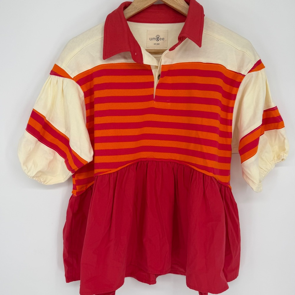 Umgee Top Women Striped Babydoll Polo Red Orange Cream Puff Sleeve Small